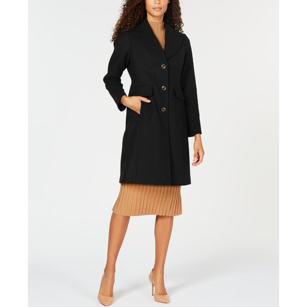 NWT Womens Size Large. Vince Camuto Black Wool Blend Three-Button Peacoat Coat